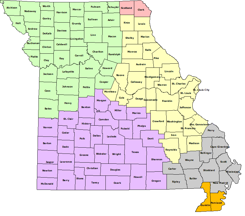 Missouri map with NWS forecast areas